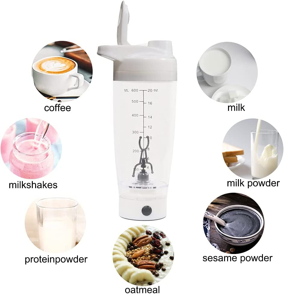 Self Mixing Mug Electric Protein Shaker Bottle, Protein Shaker Cup, 25 Oz High-Torque Battery-Powered Blender Shake Bottle,Portable,Self-Stirring Mug for Various Powder (White)