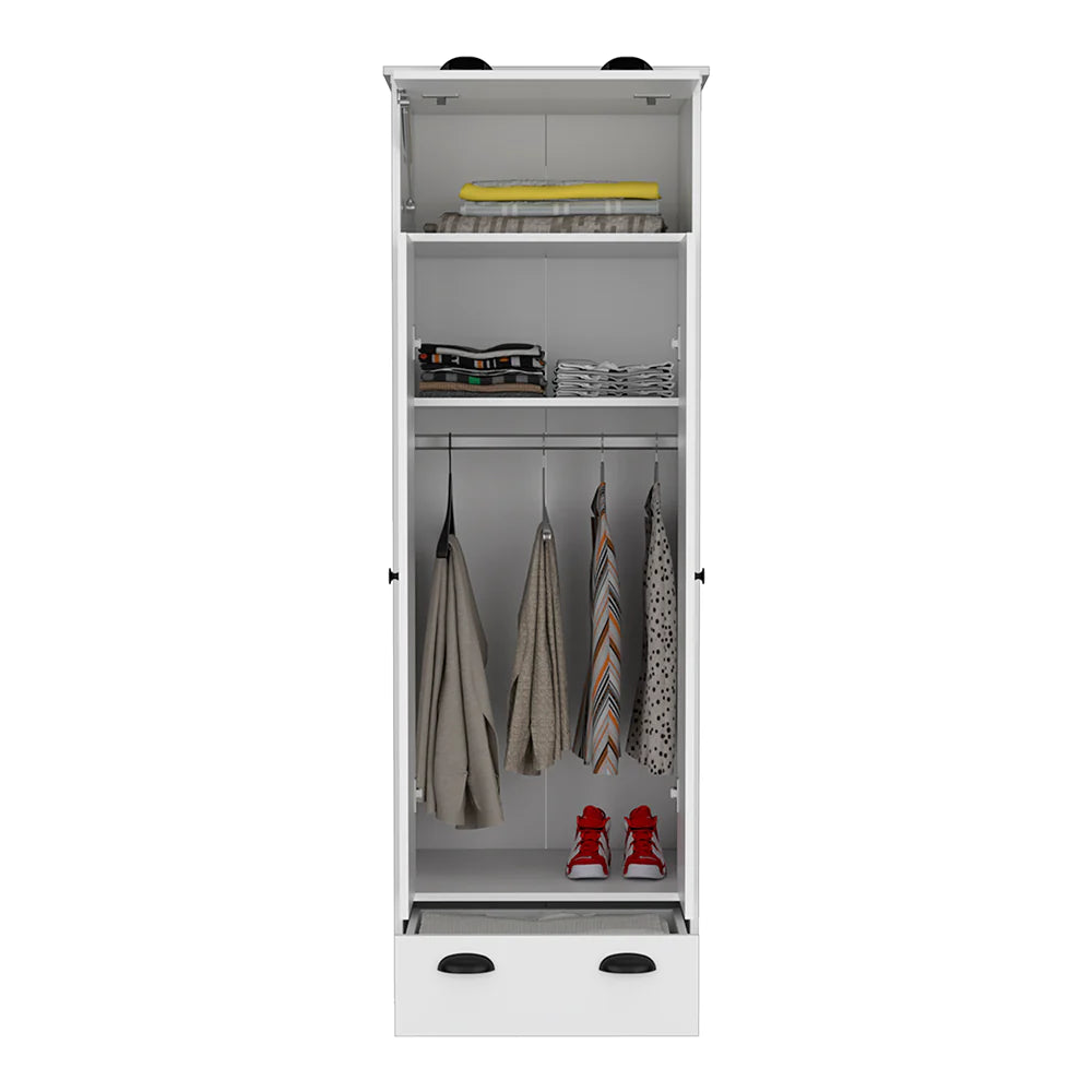 Armoire with Two-Doors Dumas, Top Hinged Drawer and 1-Drawer, White Finish