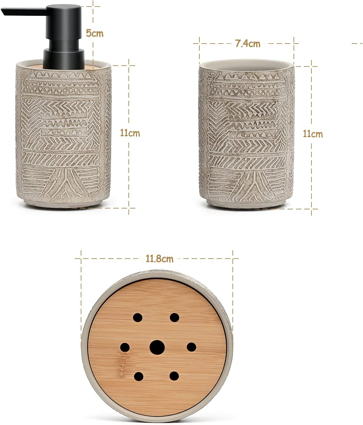 Bathroom Accessory Set, Grey Soap Dispenser Toothbrush Holder Set, Concrete Bathroom Accessories Set - Includes Soap Dispenser, Tumbler, Soap Dish (Vintage Engraving - Concrete)