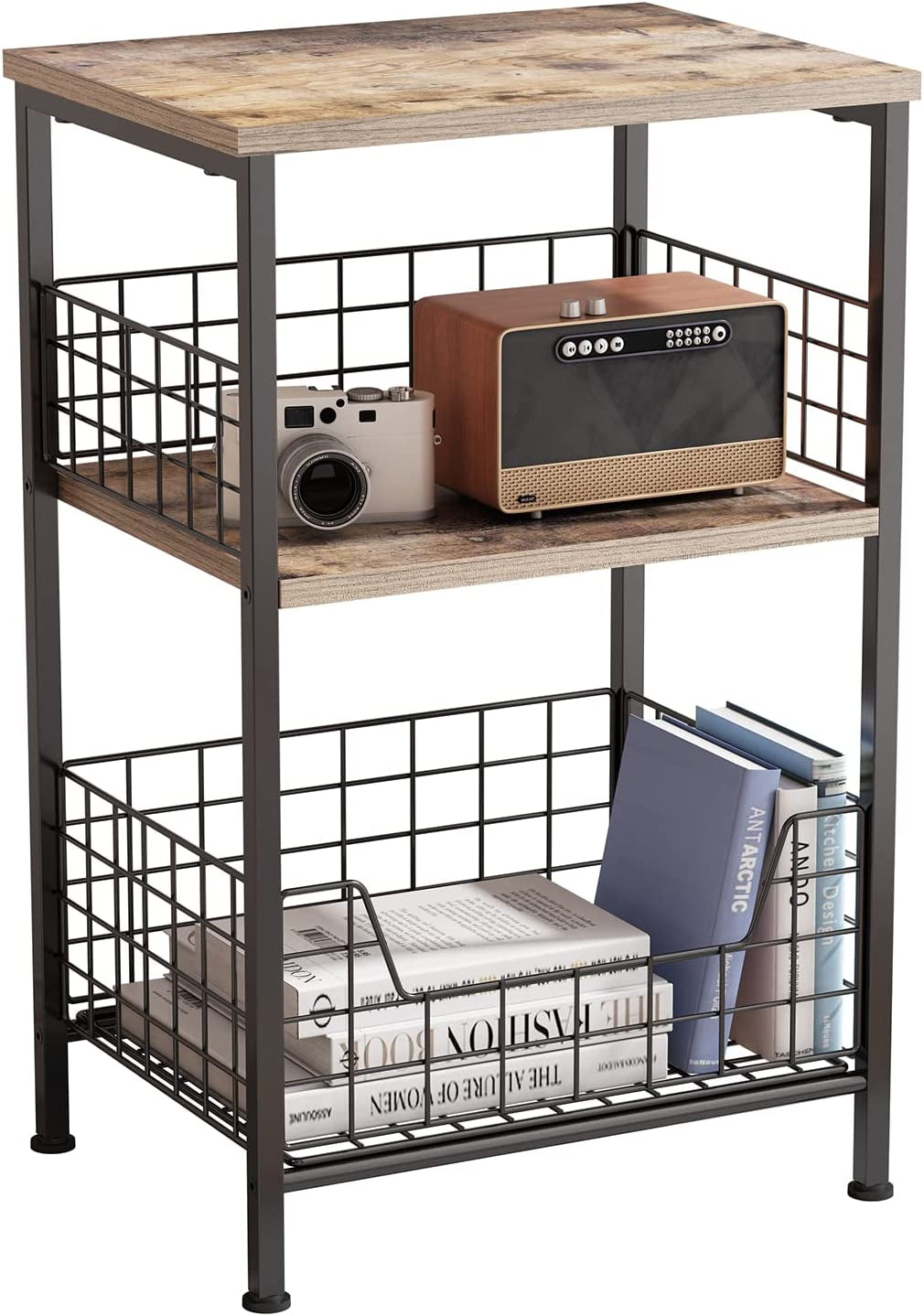 X-Cosrack End Table,Industrial Retro Side Table Nightstand Storage Shelf for Living Room Bedroom Kitchen Family and Office,Stable Wood and Metal Frame, Patent Pending(Brown&Black)