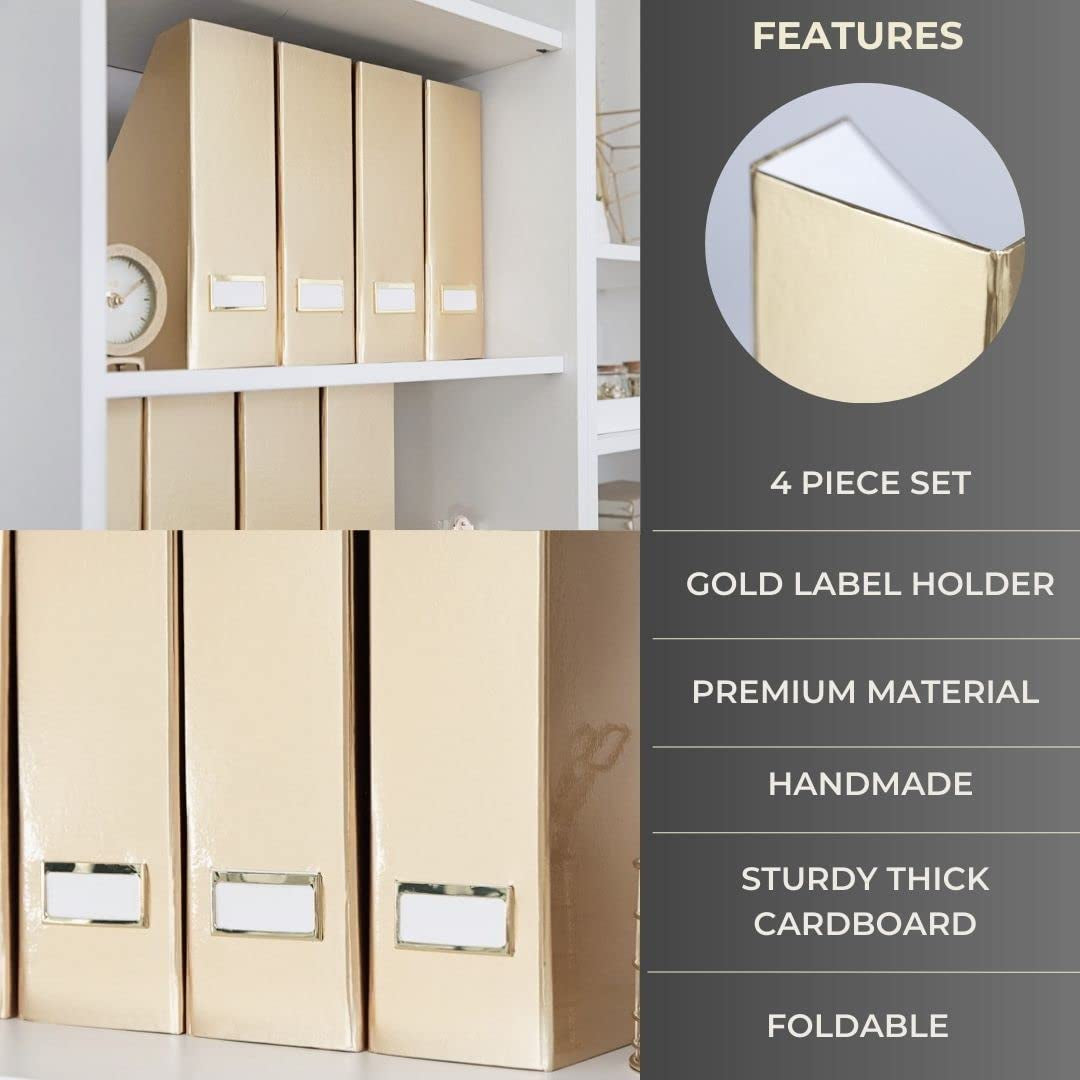 Set of 4 Foldable Gold Magazine File Holders with Gold Label Holders - Stylish and Durable Magazine Storage for Desk, Shelves, and Classroom Organization - Gold Desktop Office Supplies