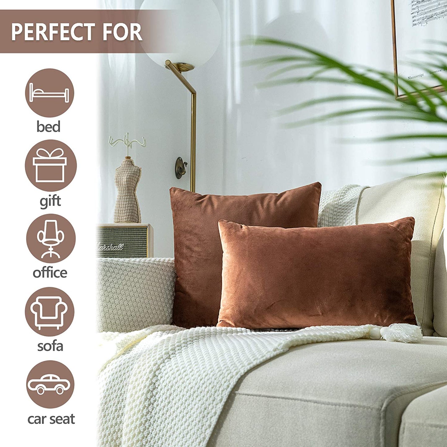 Super Soft Velvet Throw Pillow Covers Square Pillowcase for Bed Couch Sofa Bench, 18 X 18 Inch (45 Cm), Chocolate, Pack of 2