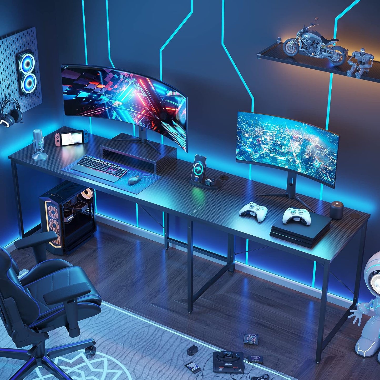 Bestier L Shaped Computer Desk Long Gaming Desk Reversible Corner Desk for Home Office with Power Outlet Monitor Stand 2 Cable Holes USB Socket 95.2 Inch Gaming L Desk, Carbon Fiber Black