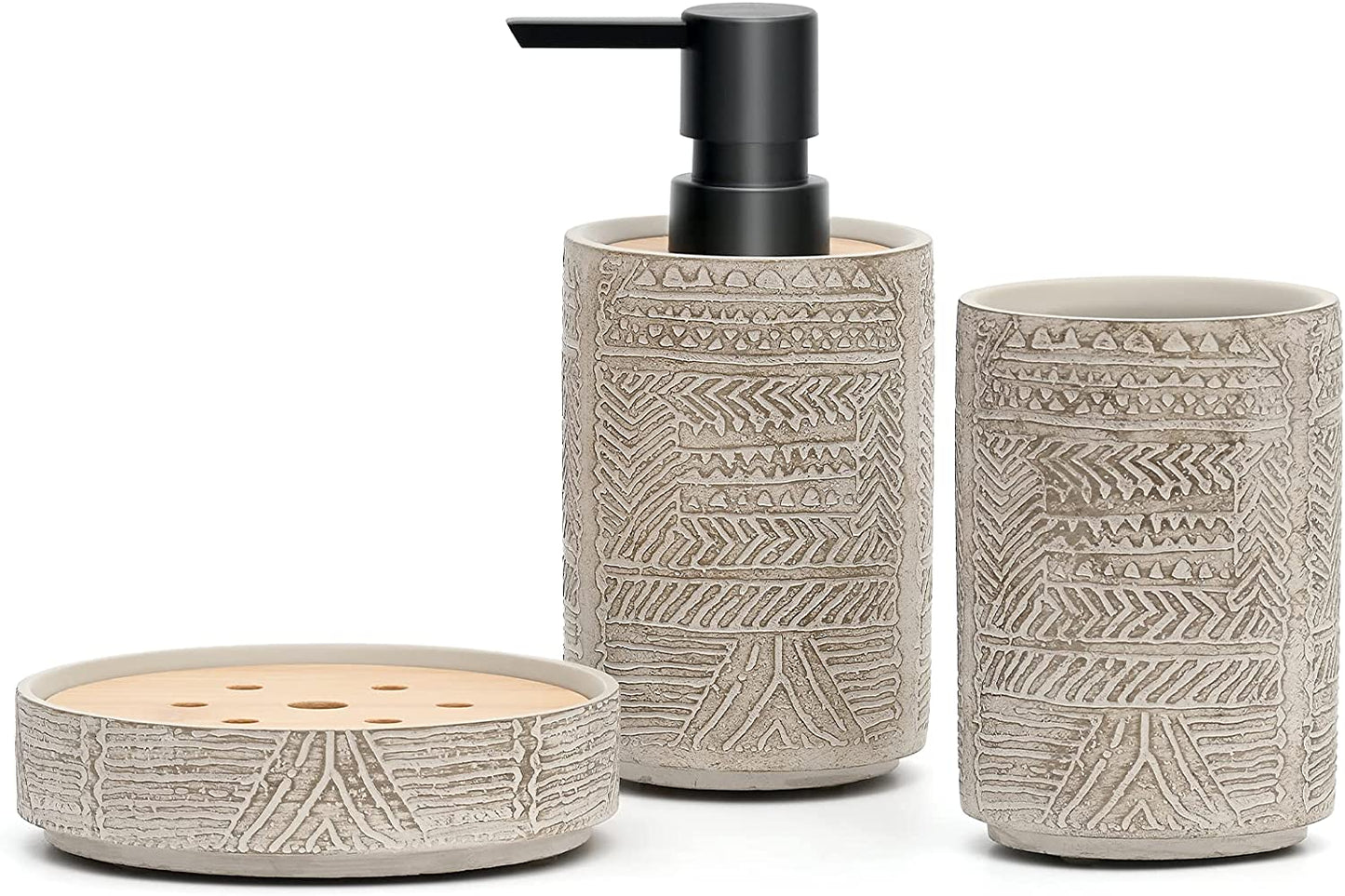 Bathroom Accessory Set, Grey Soap Dispenser Toothbrush Holder Set, Concrete Bathroom Accessories Set - Includes Soap Dispenser, Tumbler, Soap Dish (Vintage Engraving - Concrete)