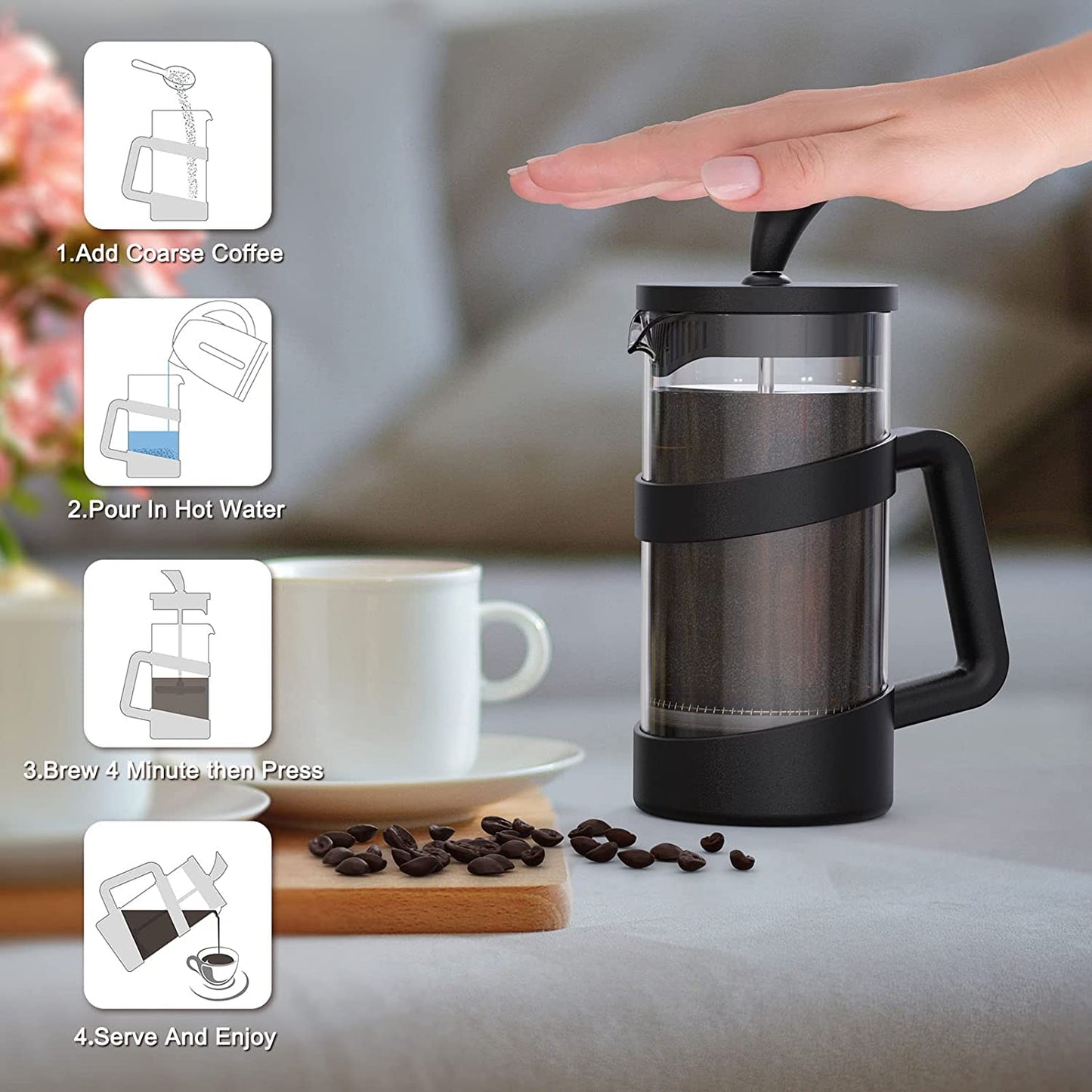 Mini French Press Coffee Maker 12 Oz, Heat Cold Coffee Brewer Camping Coffee Press Pot, Small French Press and Coffee Presses 350 Ml, Tea and Frothed Milk Press (Black, 12 Oz)