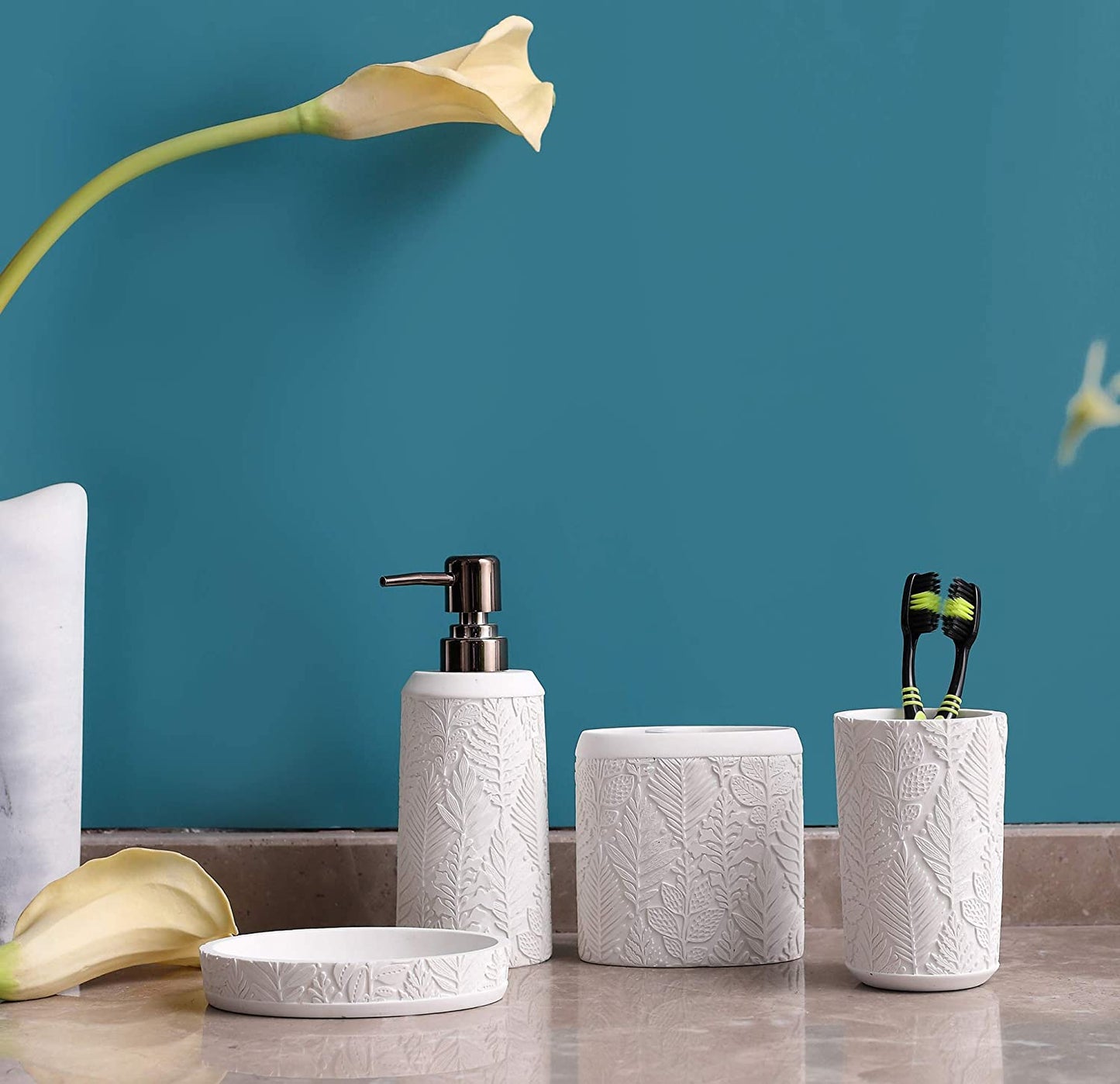 Bathroom Accessories Set,Toothbrush Holder,Farmhouse Decor,4 Pcs Resin Gift Apartment Necessities, Contain Toothbrush Cup,Soap Dispenser & Dish,Tumbler