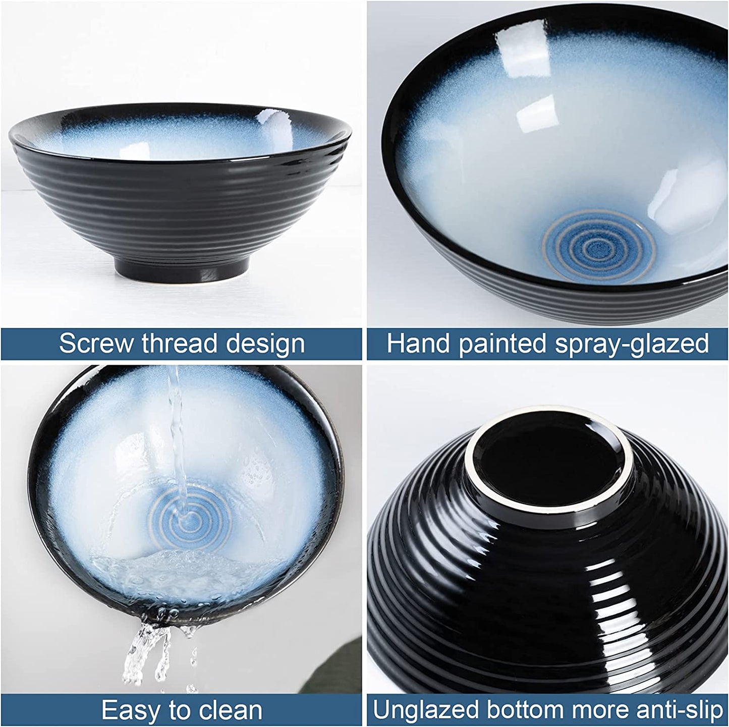 Ceramic Japanese Ramen Bowl Set, 2 Sets 8 Inch 40 Ounce Asian Pho Udon Noodle Bowls with Spoons and Chopsticks (Black/Blue, 8 Inches)