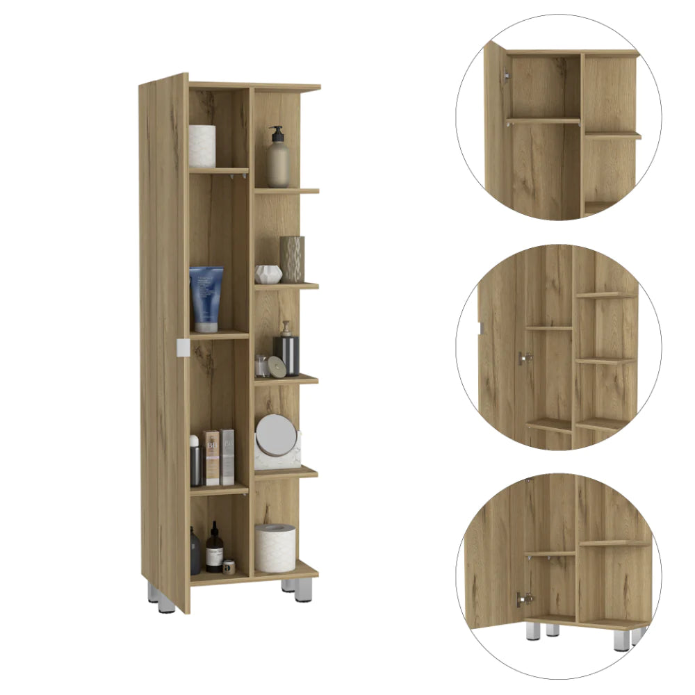 Corner Cabinet Womppi, Five Open Shelves, Single Door, Light Oak Finish