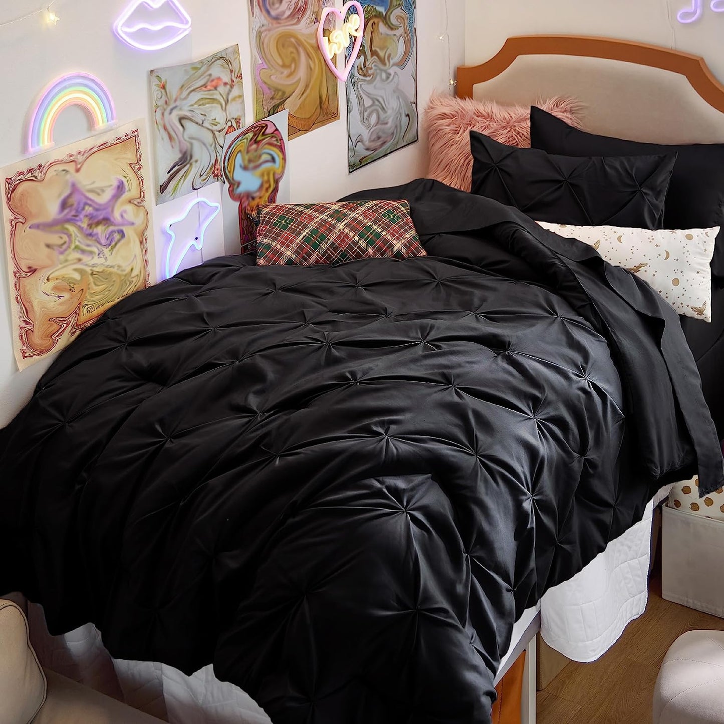 Bedsure Twin/Twin XL Comforter Set with Sheets - 5 Pieces Twin Bedding Sets, Pinch Pleat Black Twin Bed in a Bag with Comforter, Sheets, Pillowcase & Sham