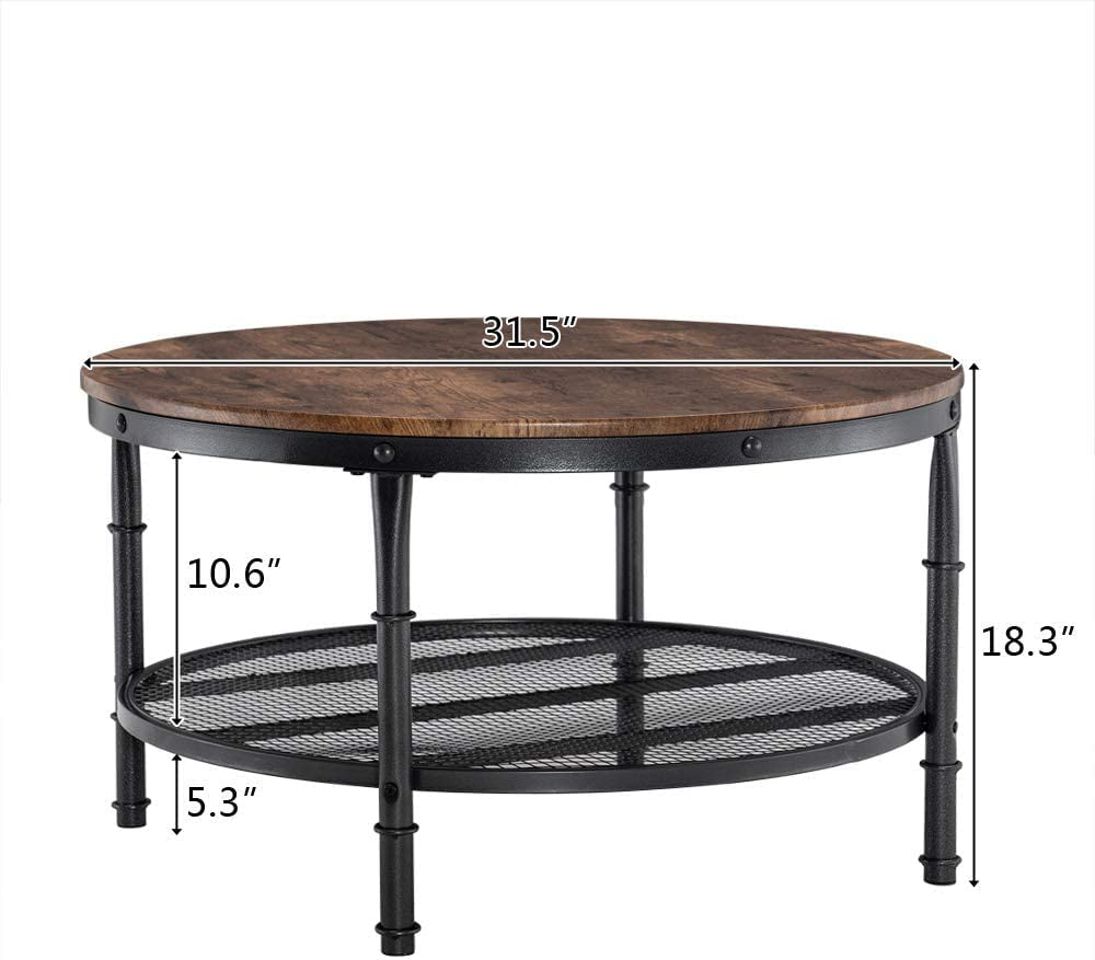 round Coffee Tables Living Room, 31.5" round Coffee Table with Storage round Wooden Coffee Table round Farmhouse Coffee Table, Industrial Coffee Table Rustic round Coffee Table with Metal Shelf