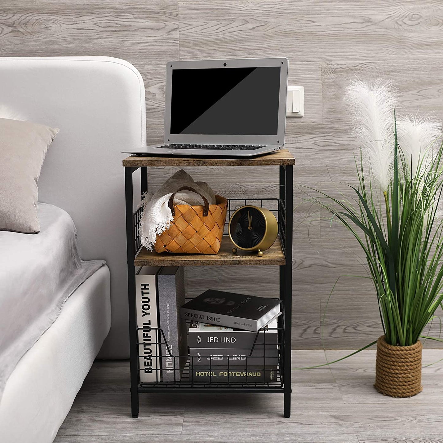 X-Cosrack End Table,Industrial Retro Side Table Nightstand Storage Shelf for Living Room Bedroom Kitchen Family and Office,Stable Wood and Metal Frame, Patent Pending(Brown&Black)