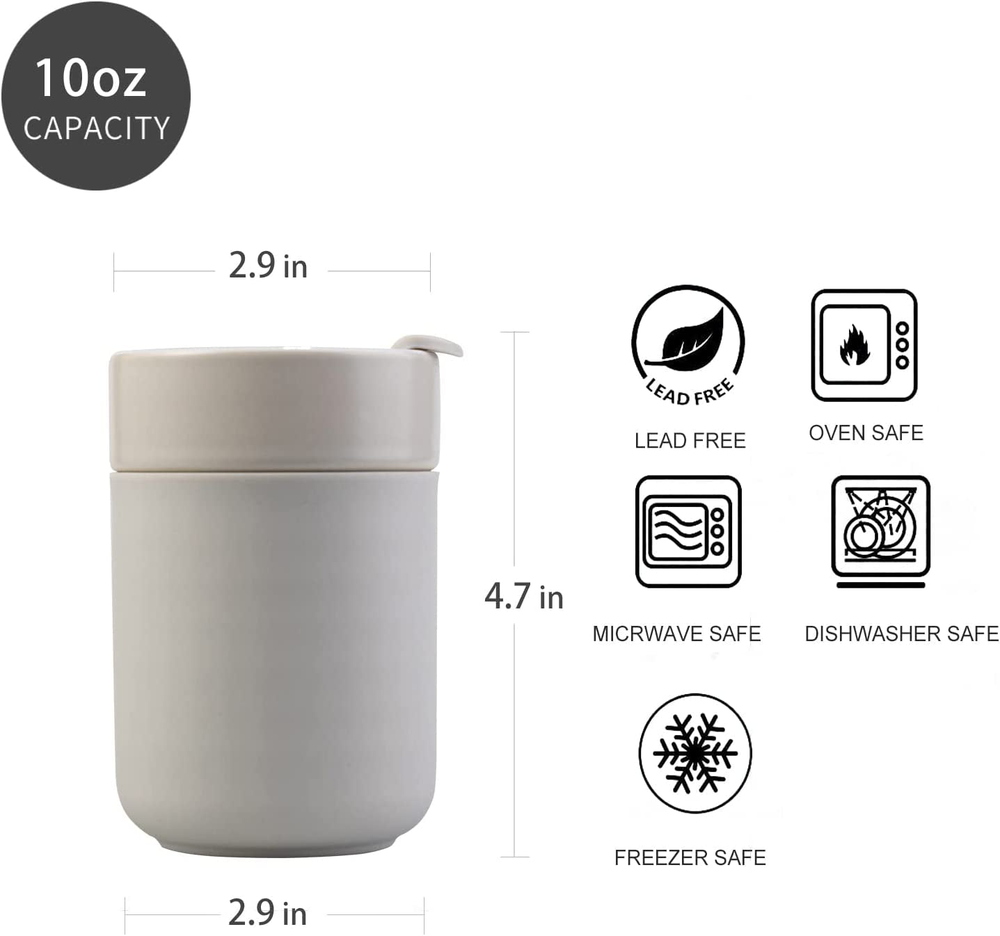 Ceramic Coffee Mug, Reusable Insulated Coffee Cups with Lids Cute Travel Mugs Protective Silicone Sleeve, 10 Ounces, to Go Mug for Coffee Tea Portable Office or Home Cups Dishwasher Safe (Gray)
