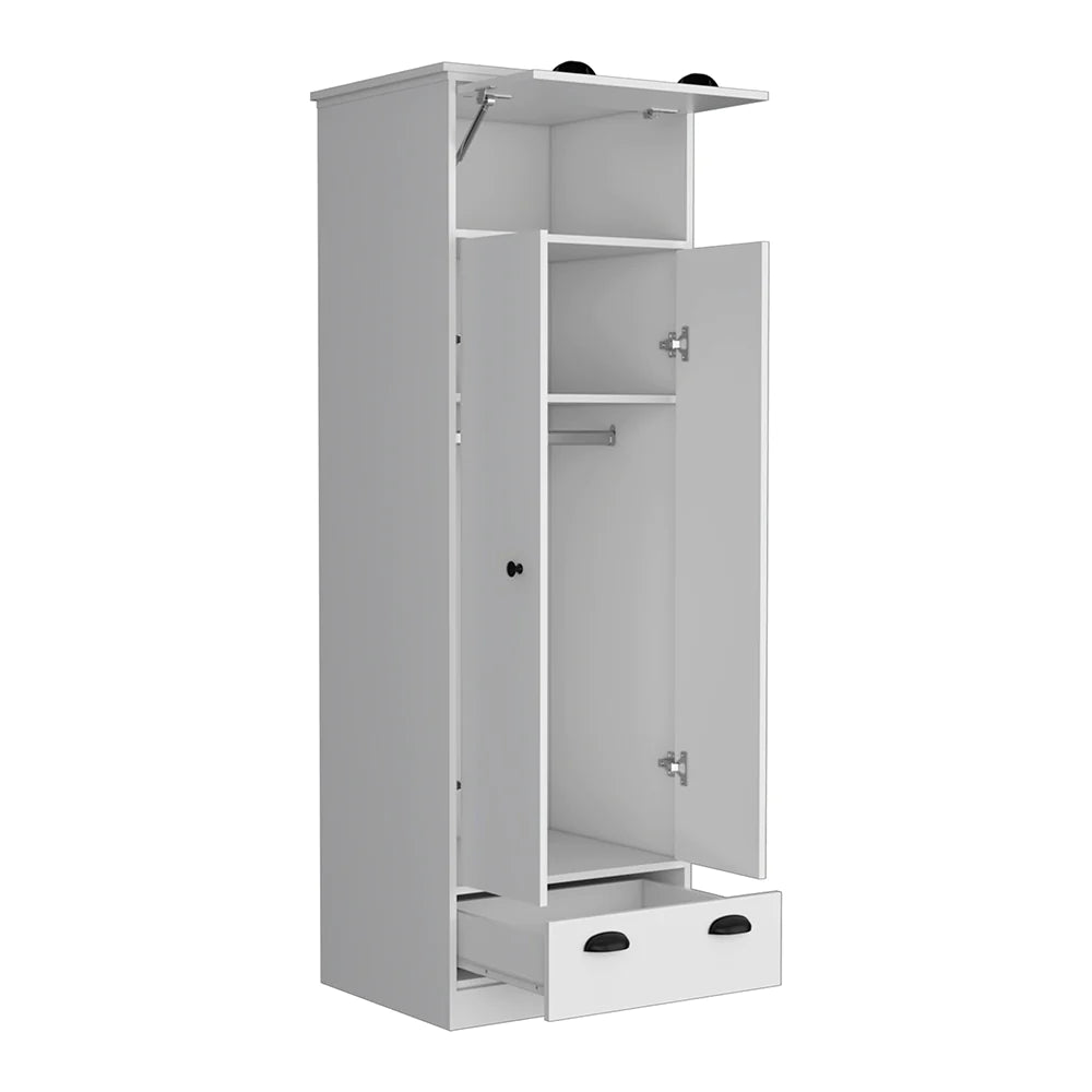 Armoire with Two-Doors Dumas, Top Hinged Drawer and 1-Drawer, White Finish