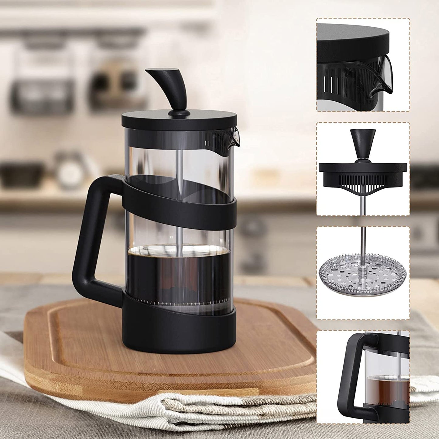 Mini French Press Coffee Maker 12 Oz, Heat Cold Coffee Brewer Camping Coffee Press Pot, Small French Press and Coffee Presses 350 Ml, Tea and Frothed Milk Press (Black, 12 Oz)