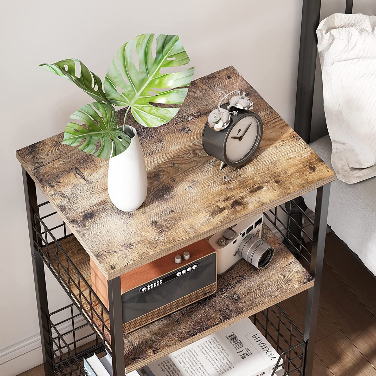 X-Cosrack End Table,Industrial Retro Side Table Nightstand Storage Shelf for Living Room Bedroom Kitchen Family and Office,Stable Wood and Metal Frame, Patent Pending(Brown&Black)