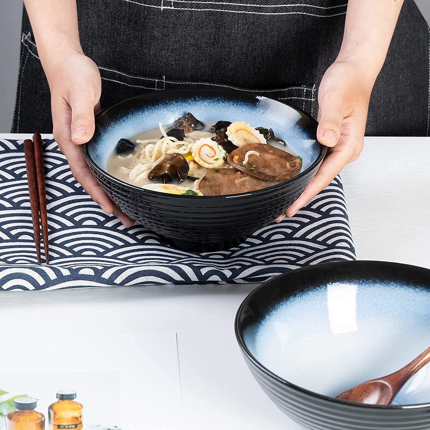 Ceramic Japanese Ramen Bowl Set, 2 Sets 8 Inch 40 Ounce Asian Pho Udon Noodle Bowls with Spoons and Chopsticks (Black/Blue, 8 Inches)