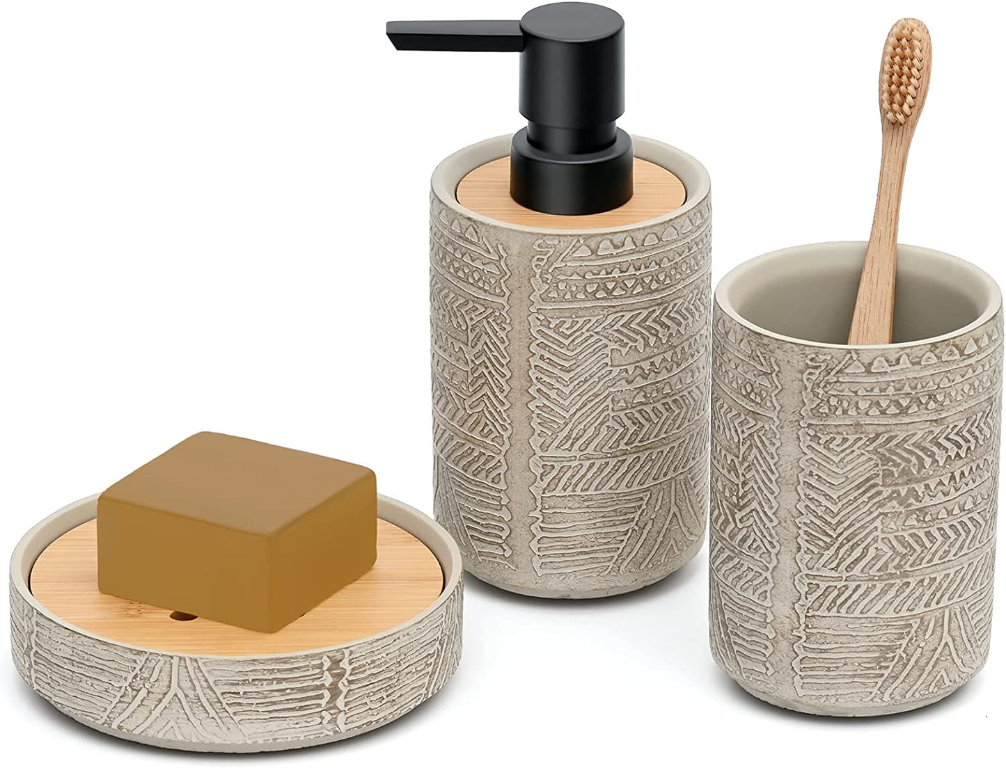 Bathroom Accessory Set, Grey Soap Dispenser Toothbrush Holder Set, Concrete Bathroom Accessories Set - Includes Soap Dispenser, Tumbler, Soap Dish (Vintage Engraving - Concrete)