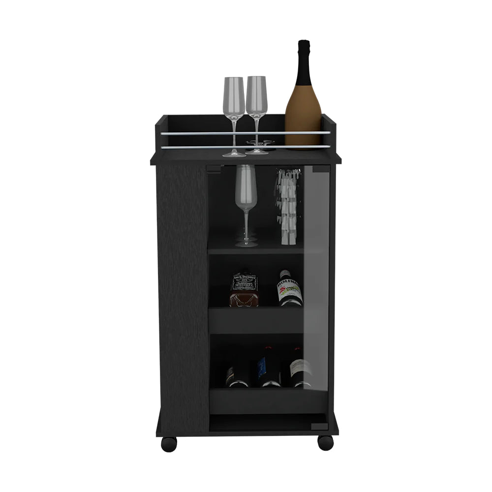 Bar Cart with Two-Side Shelves Beaver, Glass Door and Upper Surface, Black Wengue Finish