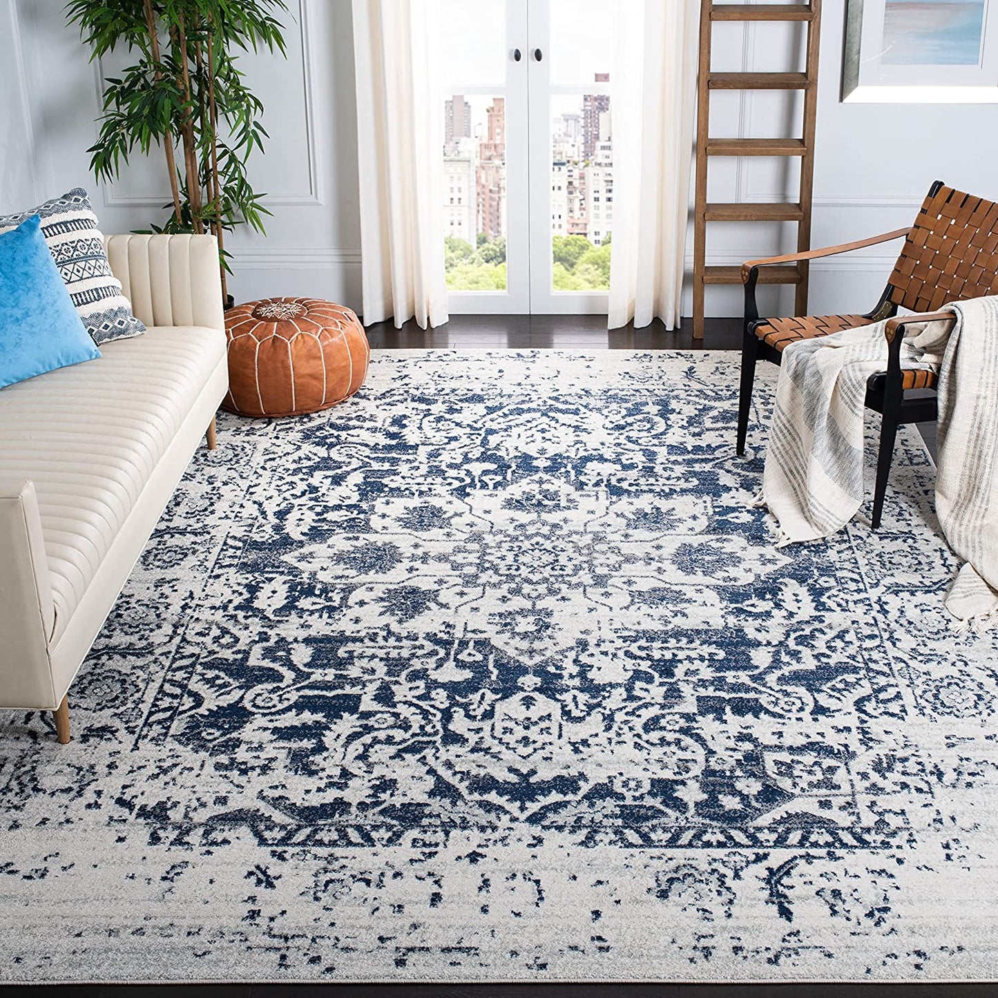 Madison Collection Area Rug - 8' X 10', Cream & Navy, Snowflake Medallion Distressed Design, Non-Shedding & Easy Care, Ideal for High Traffic Areas in Living Room, Bedroom (MAD603D)