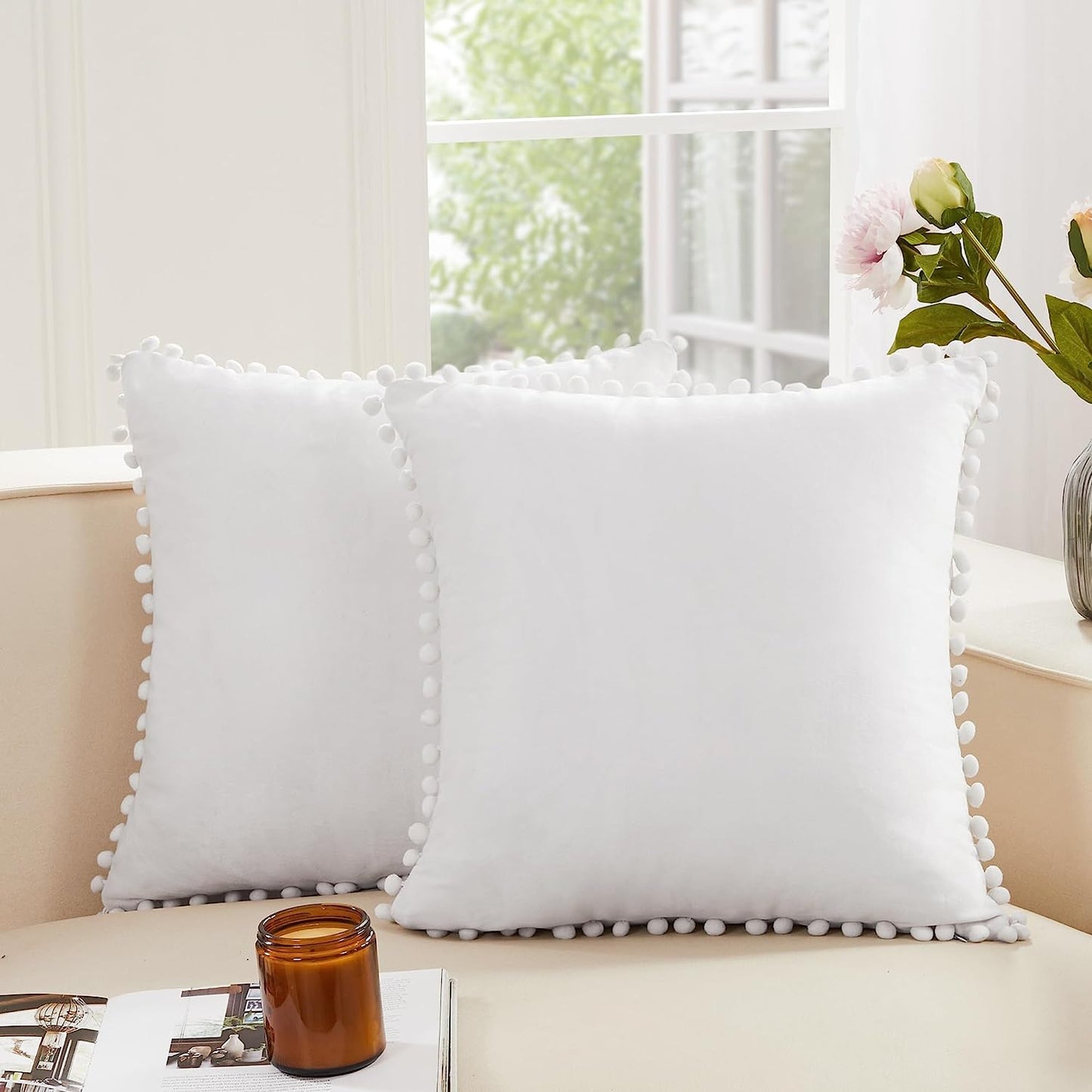 Decorative Throw Pillow Covers Soft Velvet Cushion Covers 18 X 18 Inch with Pom Poms for Sofa Bed, Set of 2, Cream White