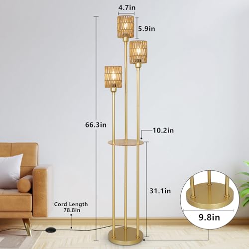 Stepeak Floor Lamp with Shelves, Modern Floor Lamps for Living Room, 3-Lights Standing Lamp with Linen Shade and Foot Switch, Industrial Standing Lamps for Bedroom, Black Tall Table Lamp for Office