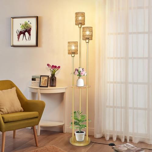 Stepeak Floor Lamp with Shelves, Modern Floor Lamps for Living Room, 3-Lights Standing Lamp with Linen Shade and Foot Switch, Industrial Standing Lamps for Bedroom, Black Tall Table Lamp for Office