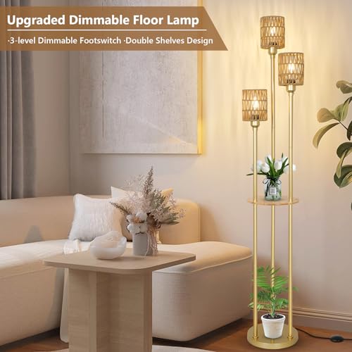 Stepeak Floor Lamp with Shelves, Modern Floor Lamps for Living Room, 3-Lights Standing Lamp with Linen Shade and Foot Switch, Industrial Standing Lamps for Bedroom, Black Tall Table Lamp for Office