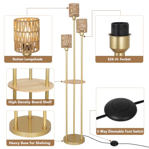 Stepeak Floor Lamp with Shelves, Modern Floor Lamps for Living Room, 3-Lights Standing Lamp with Linen Shade and Foot Switch, Industrial Standing Lamps for Bedroom, Black Tall Table Lamp for Office