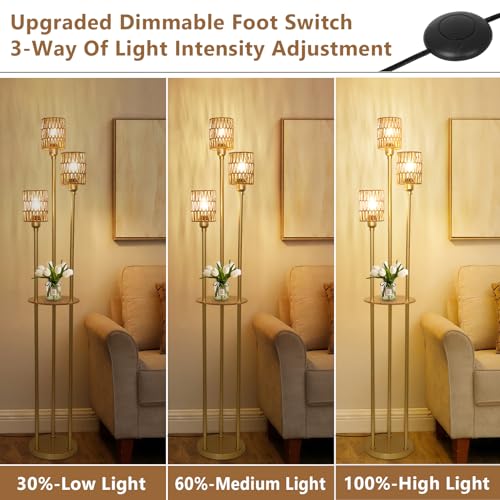 Stepeak Floor Lamp with Shelves, Modern Floor Lamps for Living Room, 3-Lights Standing Lamp with Linen Shade and Foot Switch, Industrial Standing Lamps for Bedroom, Black Tall Table Lamp for Office