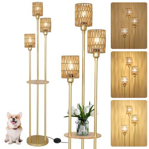 Stepeak Floor Lamp with Shelves, Modern Floor Lamps for Living Room, 3-Lights Standing Lamp with Linen Shade and Foot Switch, Industrial Standing Lamps for Bedroom, Black Tall Table Lamp for Office