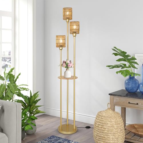 Stepeak Floor Lamp with Shelves, Modern Floor Lamps for Living Room, 3-Lights Standing Lamp with Linen Shade and Foot Switch, Industrial Standing Lamps for Bedroom, Black Tall Table Lamp for Office