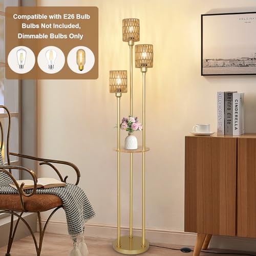 Stepeak Floor Lamp with Shelves, Modern Floor Lamps for Living Room, 3-Lights Standing Lamp with Linen Shade and Foot Switch, Industrial Standing Lamps for Bedroom, Black Tall Table Lamp for Office