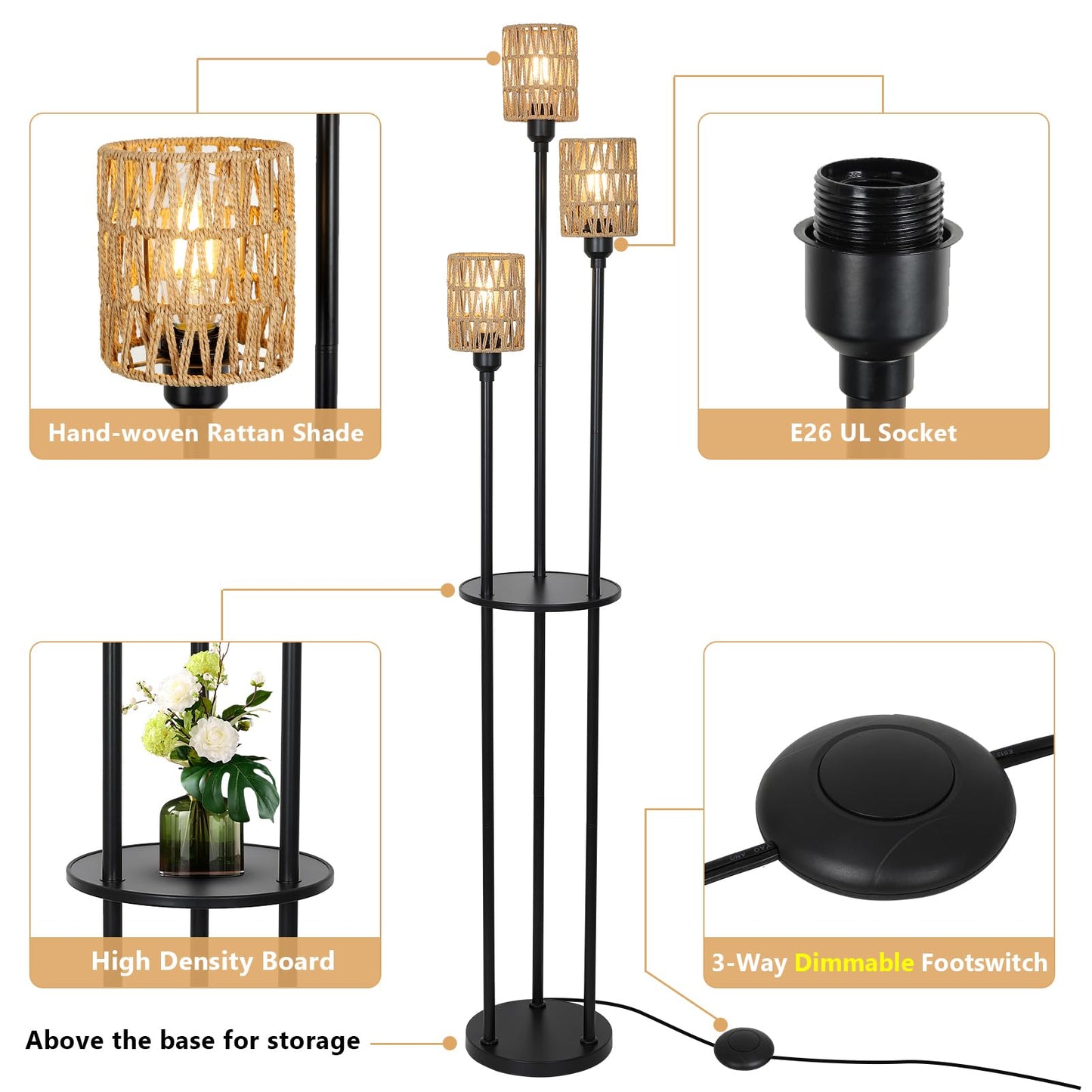 Stepeak Floor Lamp with Shelves, Modern Floor Lamps for Living Room, 3-Lights Standing Lamp with Linen Shade and Foot Switch, Industrial Standing Lamps for Bedroom, Black Tall Table Lamp for Office