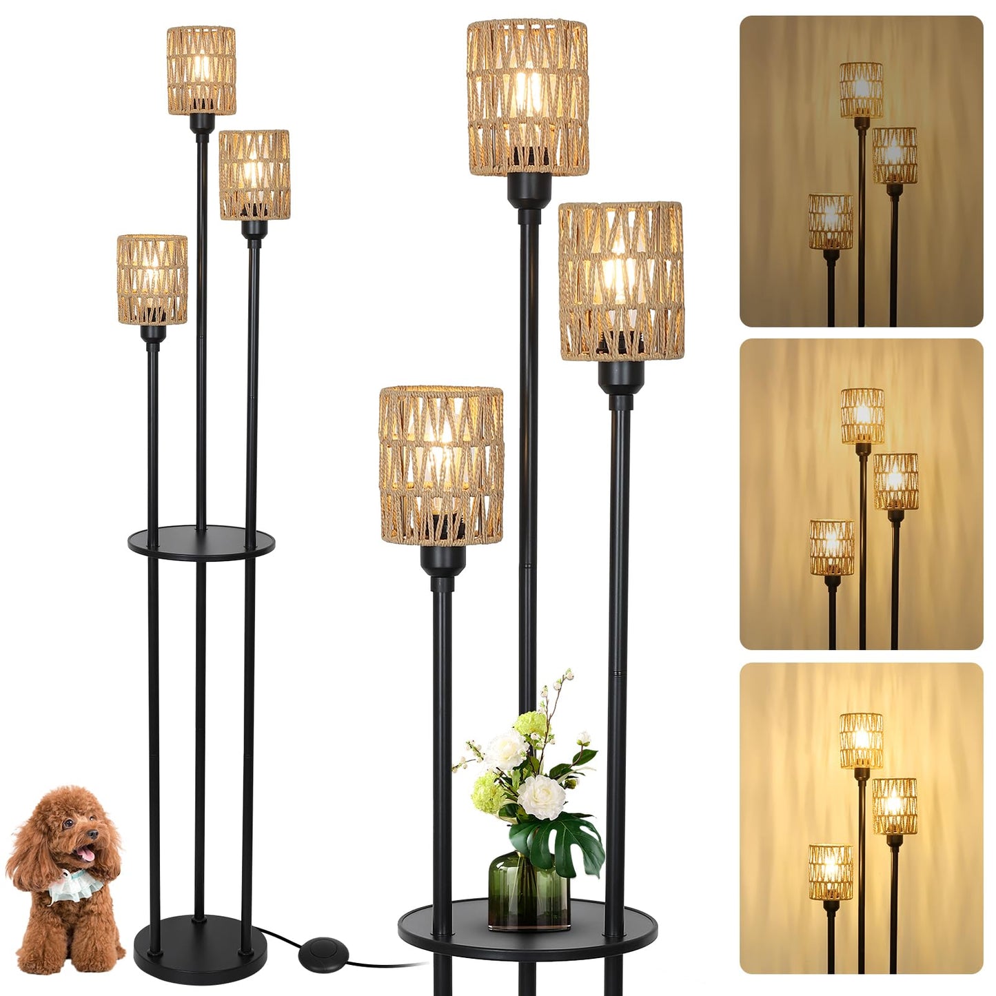 Stepeak Floor Lamp with Shelves, Modern Floor Lamps for Living Room, 3-Lights Standing Lamp with Linen Shade and Foot Switch, Industrial Standing Lamps for Bedroom, Black Tall Table Lamp for Office