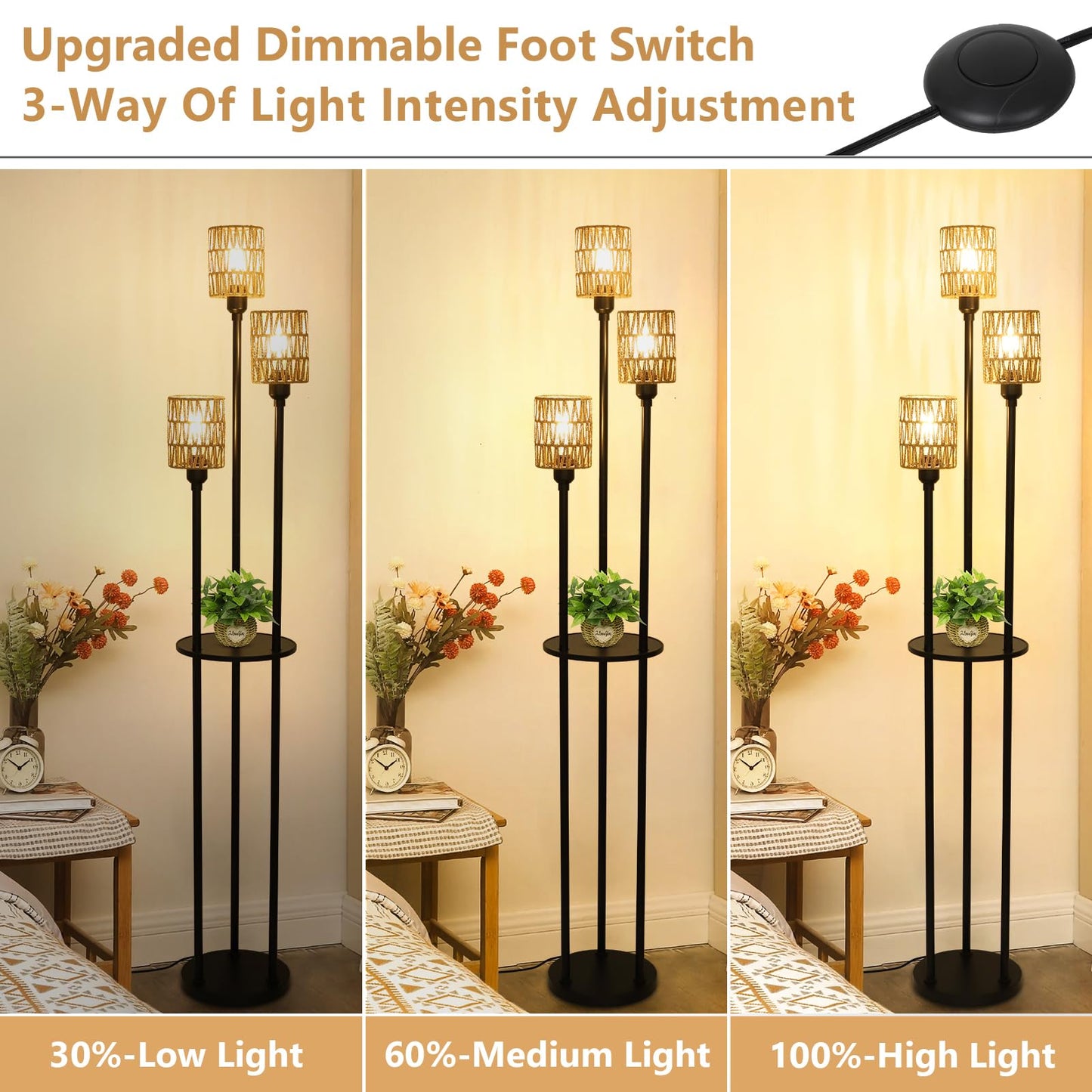 Stepeak Floor Lamp with Shelves, Modern Floor Lamps for Living Room, 3-Lights Standing Lamp with Linen Shade and Foot Switch, Industrial Standing Lamps for Bedroom, Black Tall Table Lamp for Office