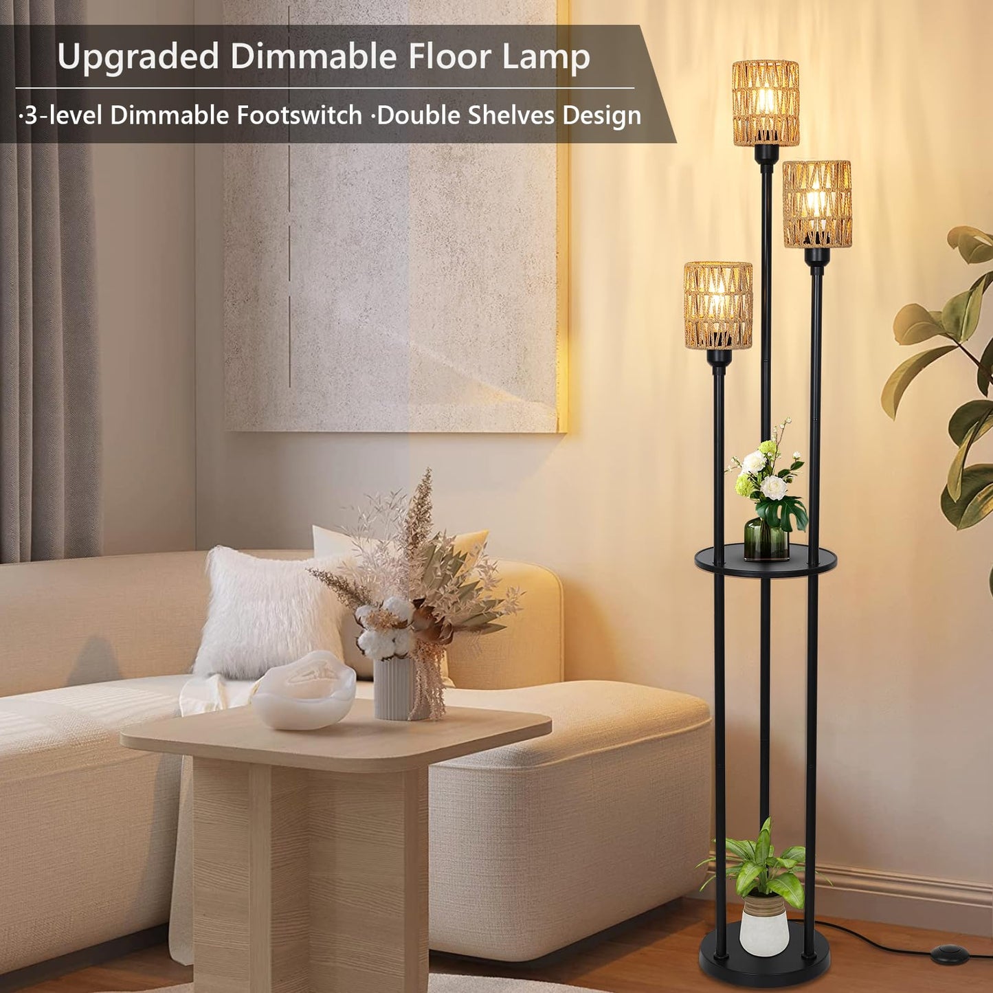 Stepeak Floor Lamp with Shelves, Modern Floor Lamps for Living Room, 3-Lights Standing Lamp with Linen Shade and Foot Switch, Industrial Standing Lamps for Bedroom, Black Tall Table Lamp for Office