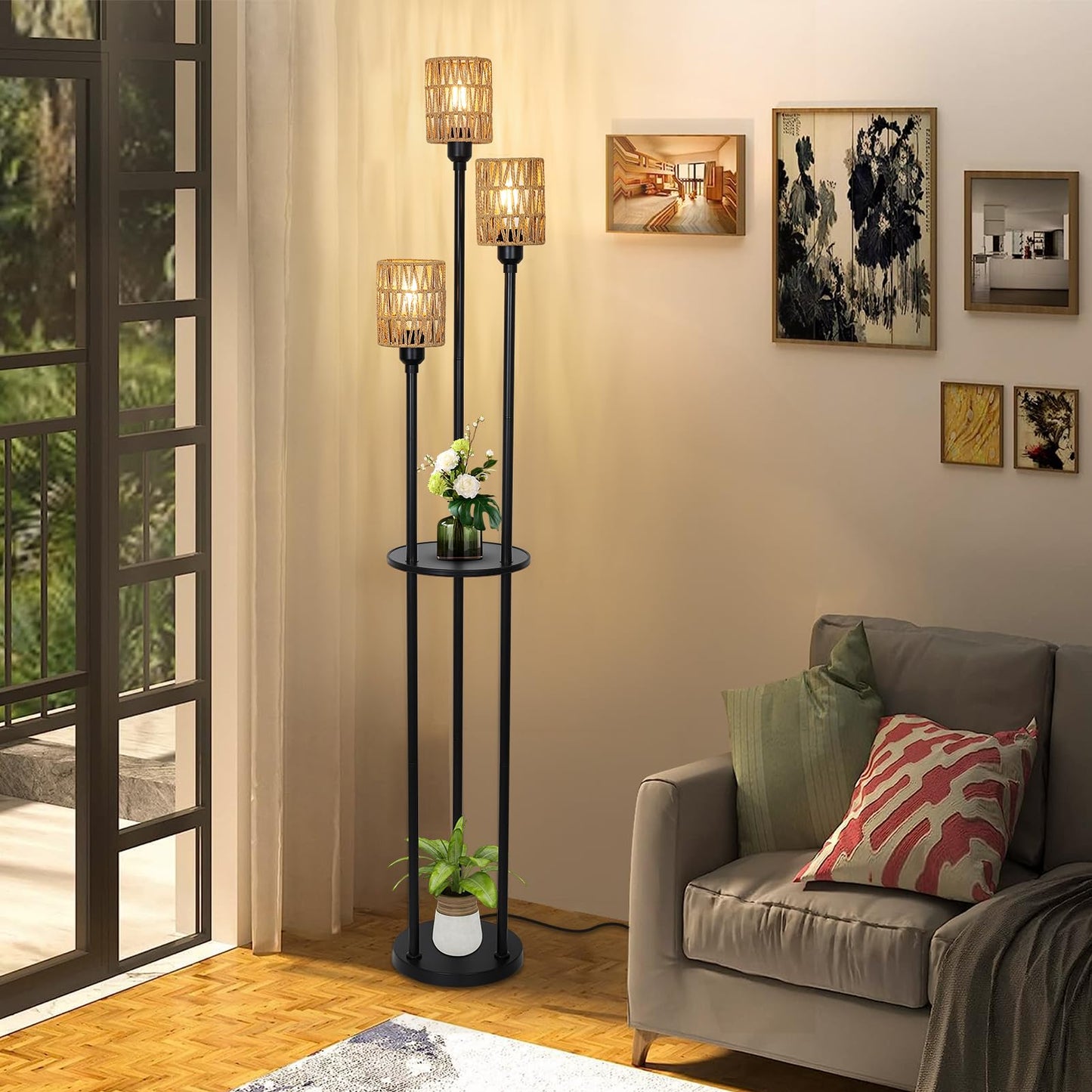 Stepeak Floor Lamp with Shelves, Modern Floor Lamps for Living Room, 3-Lights Standing Lamp with Linen Shade and Foot Switch, Industrial Standing Lamps for Bedroom, Black Tall Table Lamp for Office