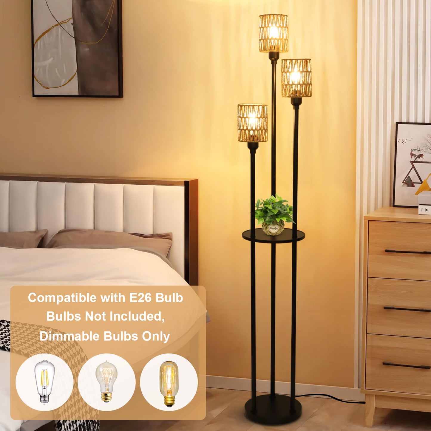 Stepeak Floor Lamp with Shelves, Modern Floor Lamps for Living Room, 3-Lights Standing Lamp with Linen Shade and Foot Switch, Industrial Standing Lamps for Bedroom, Black Tall Table Lamp for Office