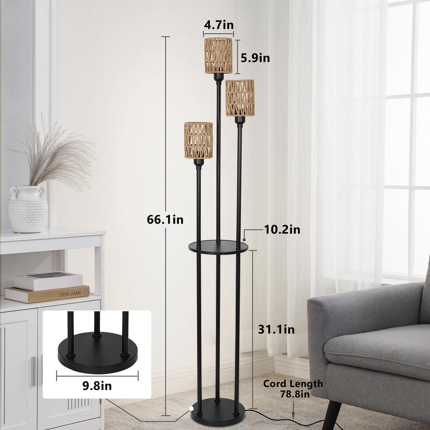 Stepeak Floor Lamp with Shelves, Modern Floor Lamps for Living Room, 3-Lights Standing Lamp with Linen Shade and Foot Switch, Industrial Standing Lamps for Bedroom, Black Tall Table Lamp for Office