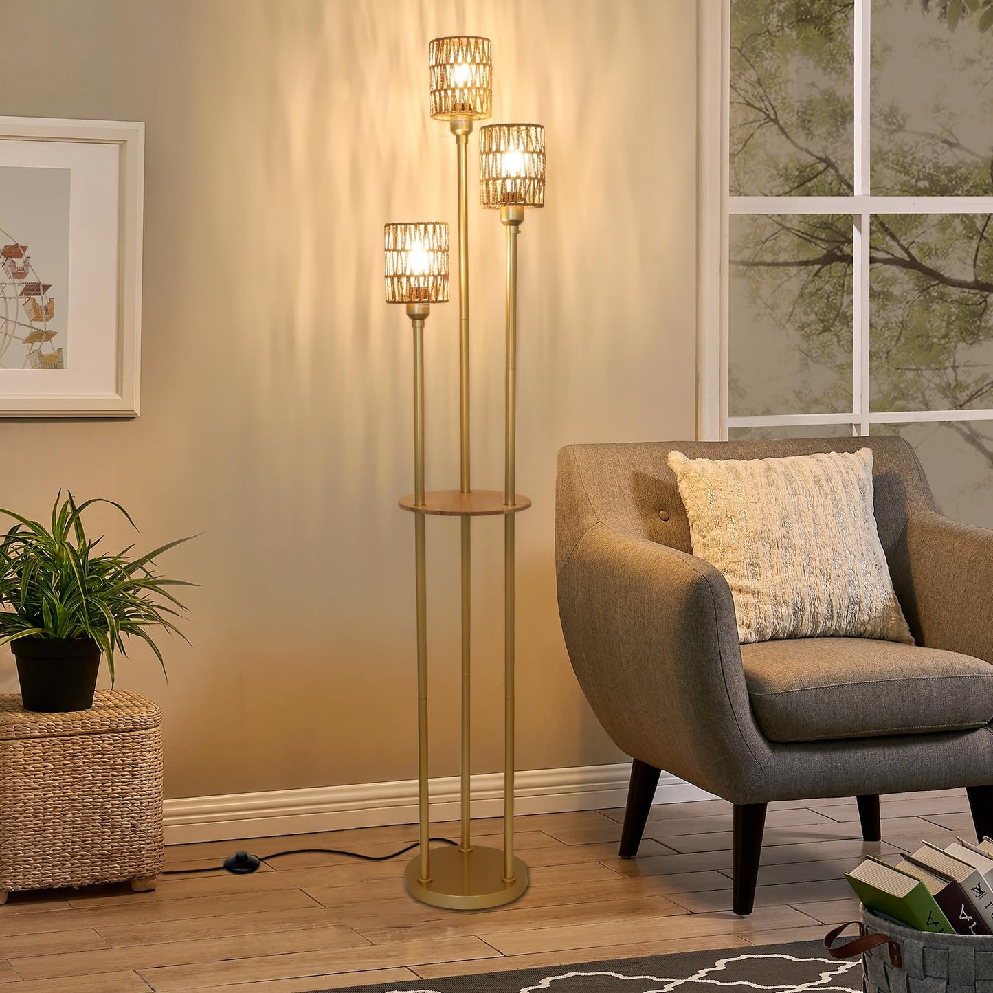 Stepeak Floor Lamp with Shelves, Modern Floor Lamps for Living Room, 3-Lights Standing Lamp with Linen Shade and Foot Switch, Industrial Standing Lamps for Bedroom, Black Tall Table Lamp for Office