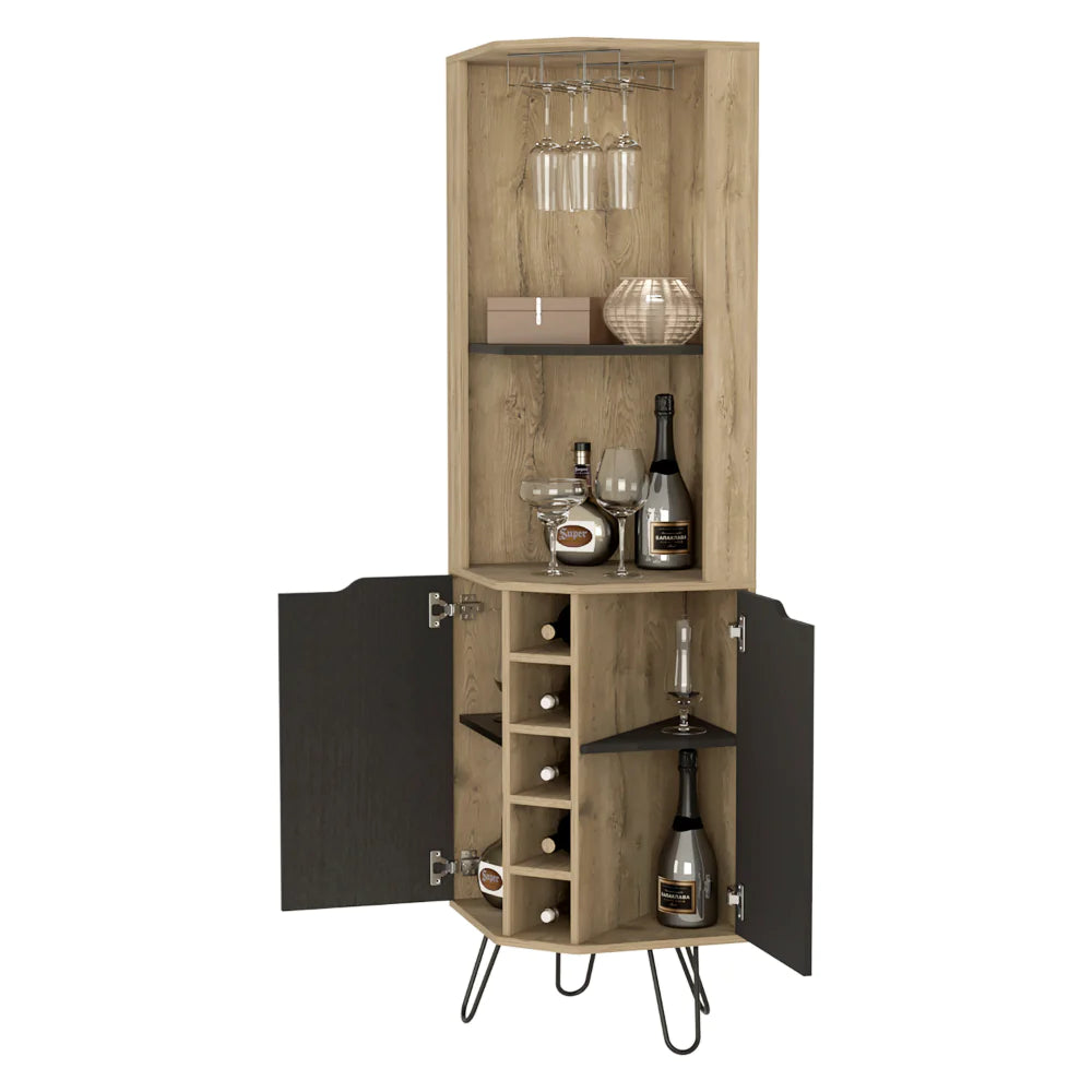 Corner Bar Cabinet Leverkusen, Six Wine Cubbies, Aged Oak / Black Wengue Finish
