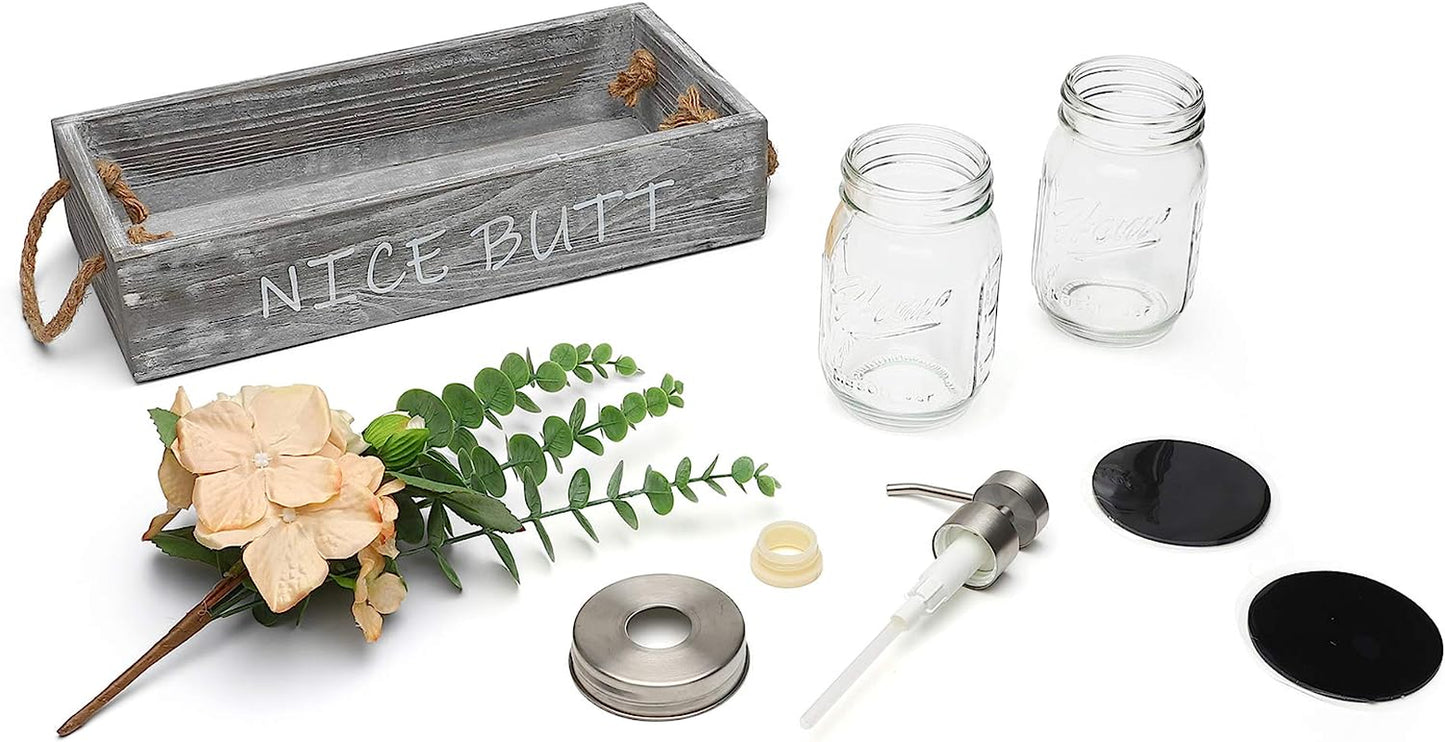 Wood Toilet Paper Holder, Farmhouse Nice Butt Bathroom Decor Box with 16Oz Mason Jar Soap Dispenser&Rose Flower,Funny Home Decor Crate for Bathroom,Kitchen,Table Counter, Medium Grey