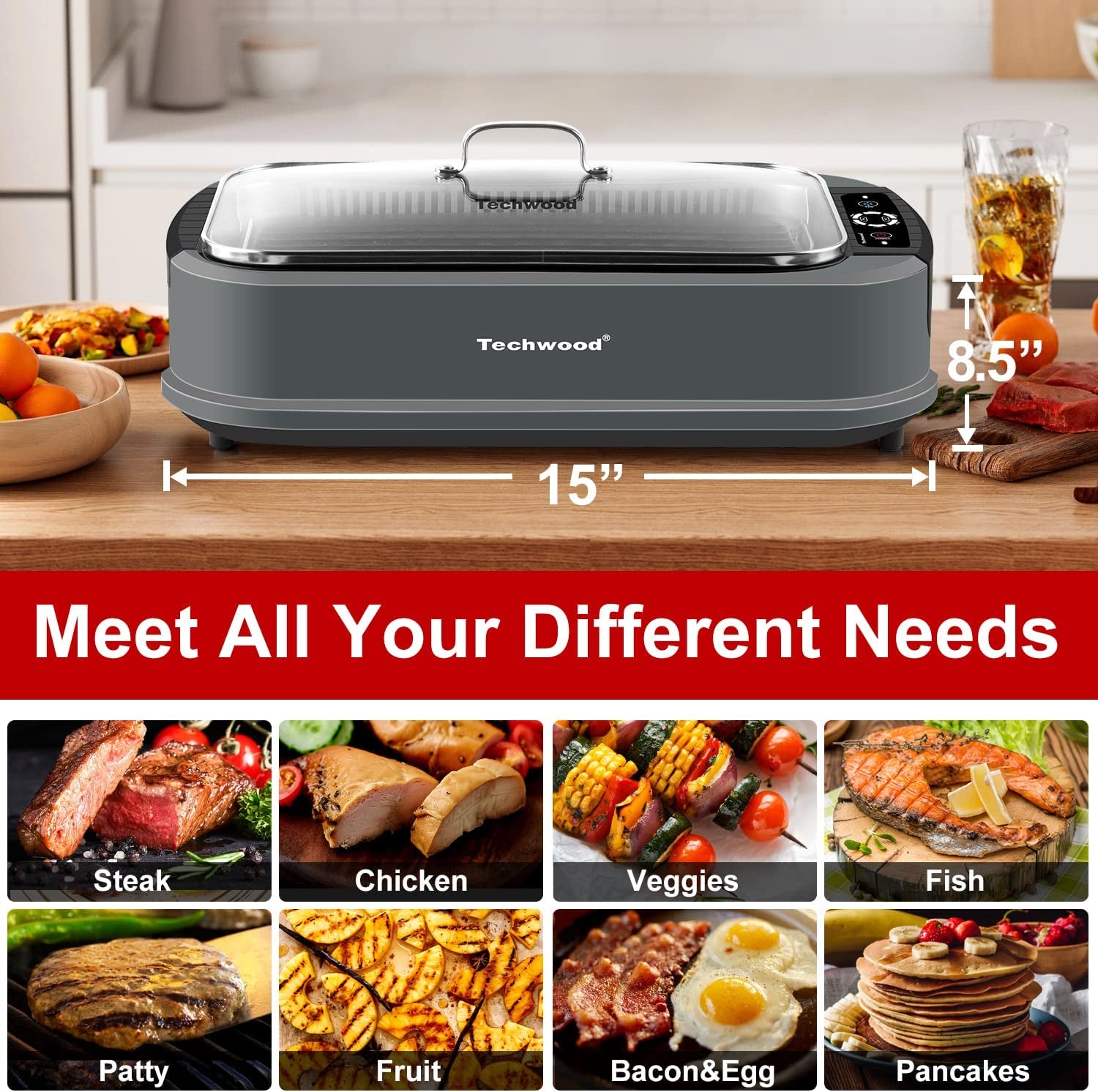 Indoor Grill Smokeless Grill, 1500W Indoor Korean BBQ Electric Tabletop Grill with Tempered Glass Lid, Removable Grill and Griddle Plates with Drip Tray