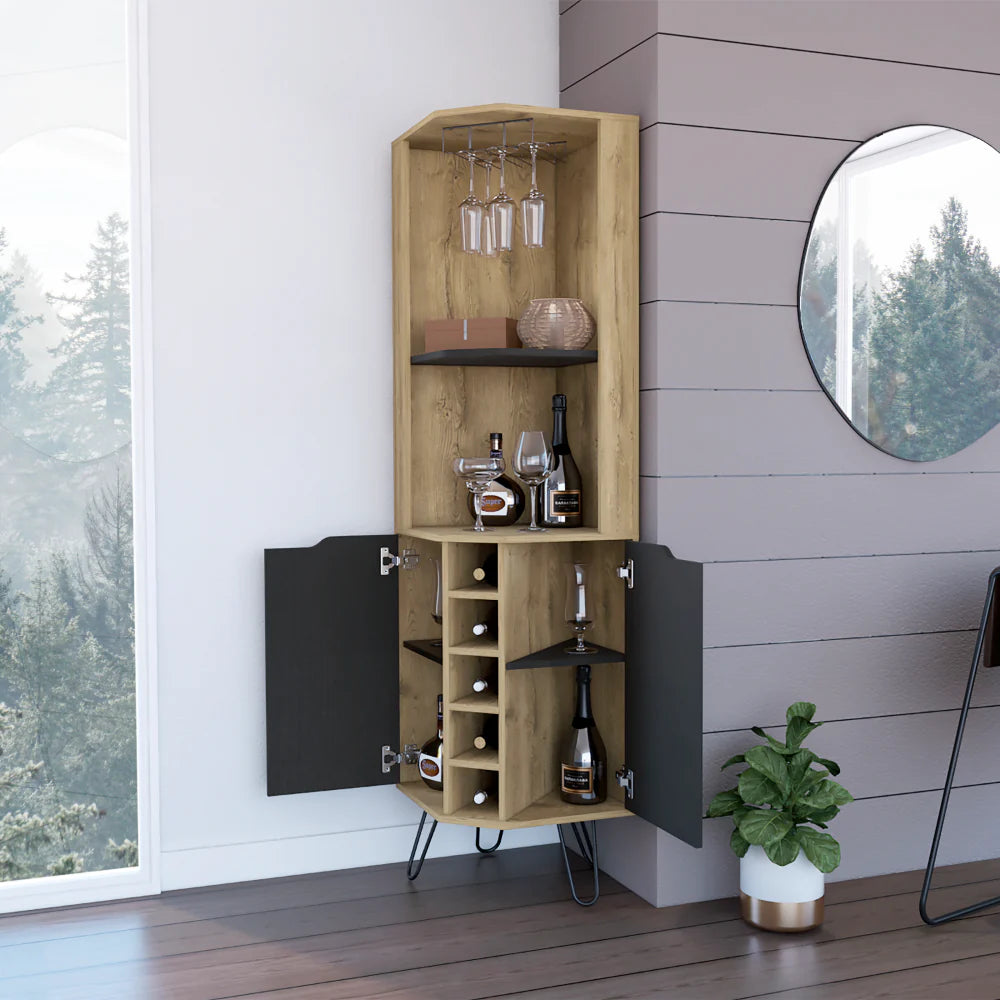 Corner Bar Cabinet Leverkusen, Six Wine Cubbies, Aged Oak / Black Wengue Finish