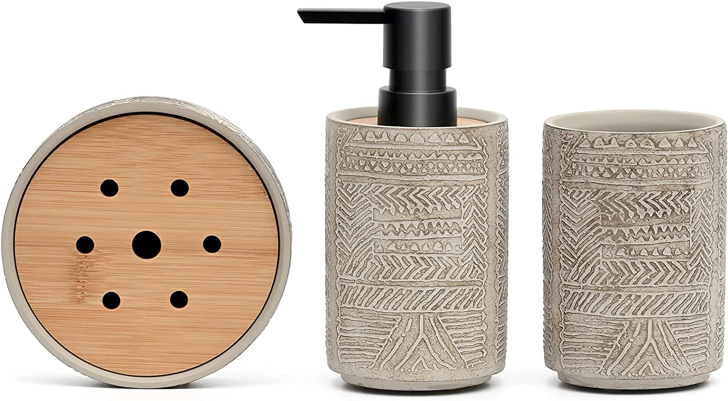 Bathroom Accessory Set, Grey Soap Dispenser Toothbrush Holder Set, Concrete Bathroom Accessories Set - Includes Soap Dispenser, Tumbler, Soap Dish (Vintage Engraving - Concrete)