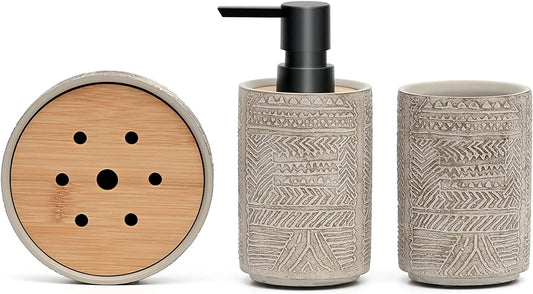 Bathroom Accessory Set, Grey Soap Dispenser Toothbrush Holder Set, Concrete Bathroom Accessories Set - Includes Soap Dispenser, Tumbler, Soap Dish (Vintage Engraving - Concrete)