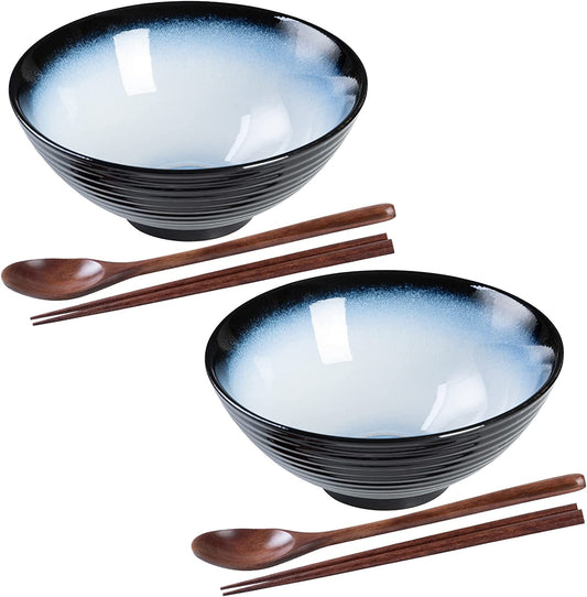 Ceramic Japanese Ramen Bowl Set, 2 Sets 8 Inch 40 Ounce Asian Pho Udon Noodle Bowls with Spoons and Chopsticks (Black/Blue, 8 Inches)