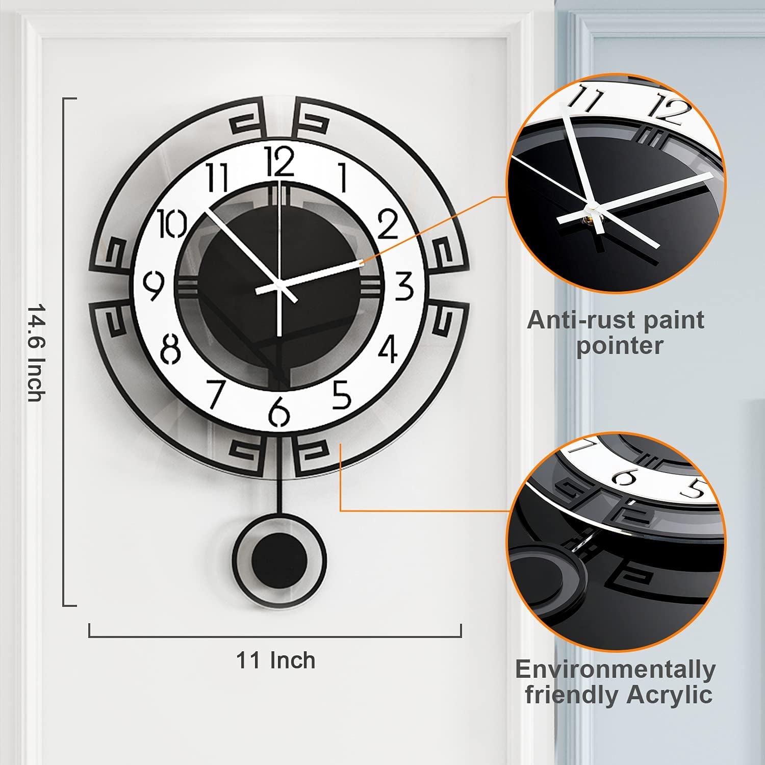 Wall Clock for Living Room Decor, Decorative Modern Wall Clocks with Pendulum for Bedroom Kitchen Office Home, 14.6 Inch Big Decoration Wall Clock Battery Operated, Silent Clock Non Ticking