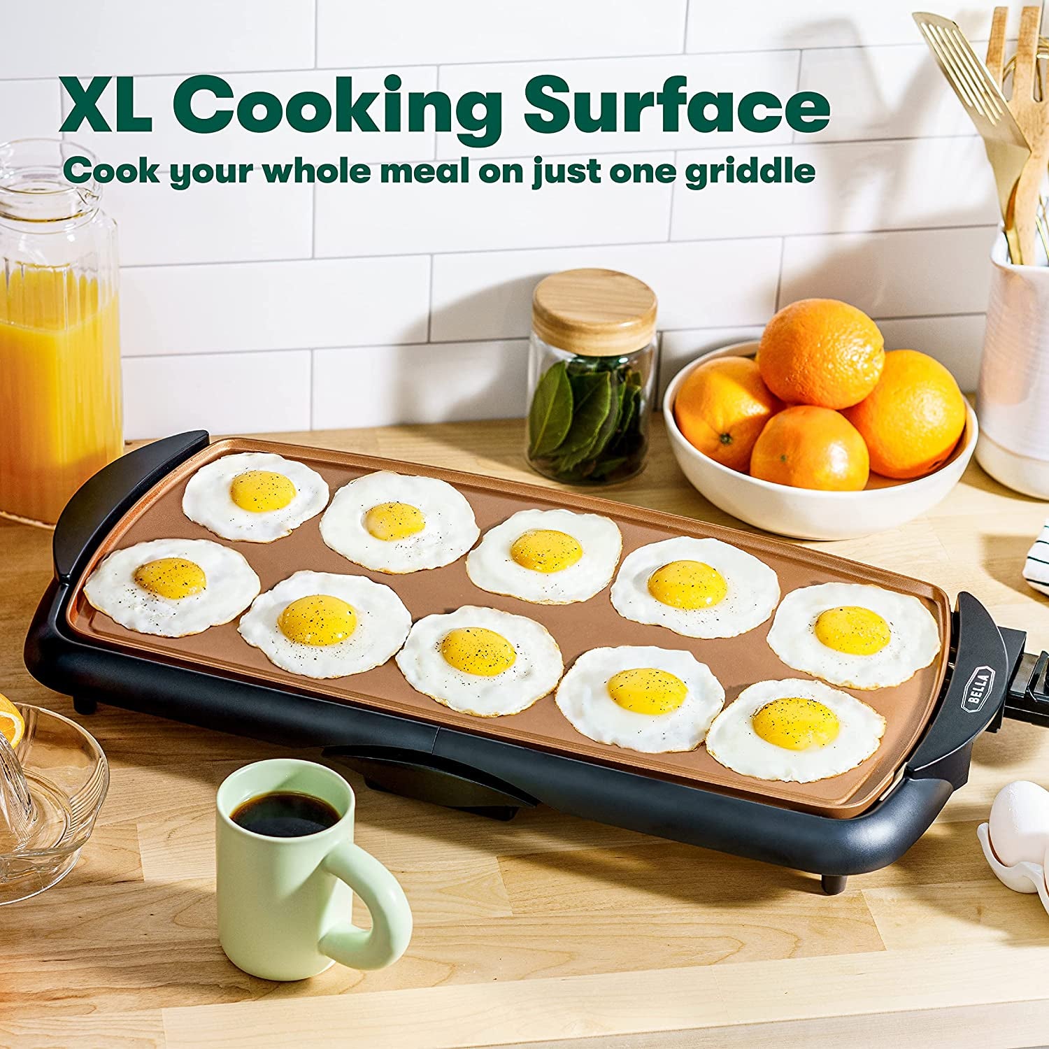 BELLA Electric Ceramic Titanium Griddle, Make 10 Eggs at Once, Healthy-Eco Non-Stick Coating, Hassle-Free Clean Up, Large Submersible Cooking Surface, 10.5" X 20", Copper/Black