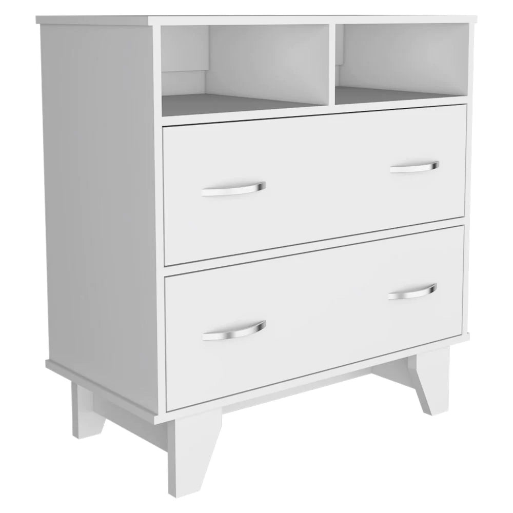 Double Drawer Dresser Arabi, Two Shelves, White Finish